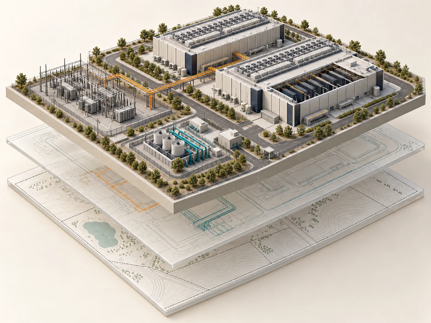Conceptual architectural model showing datacenter campus layout, electrical infrastructure, cooling systems and underlying assessment layers