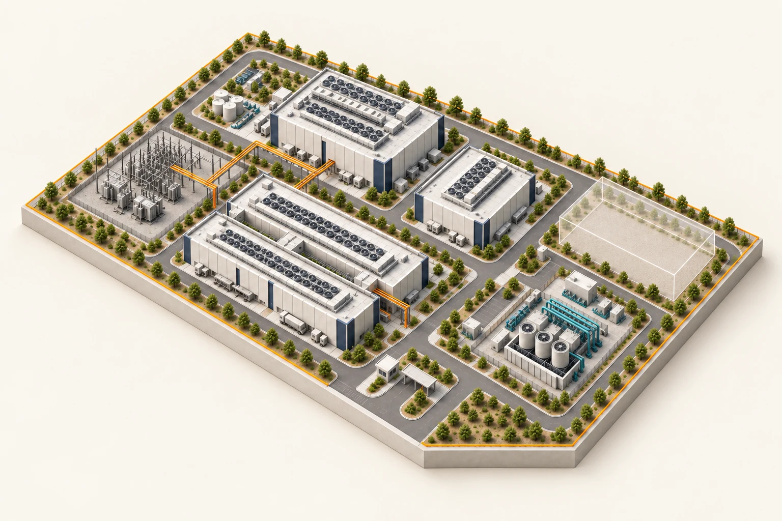Conceptual campus masterplan showing zoned datacenter halls, service infrastructure, setbacks and expansion space within a parcel