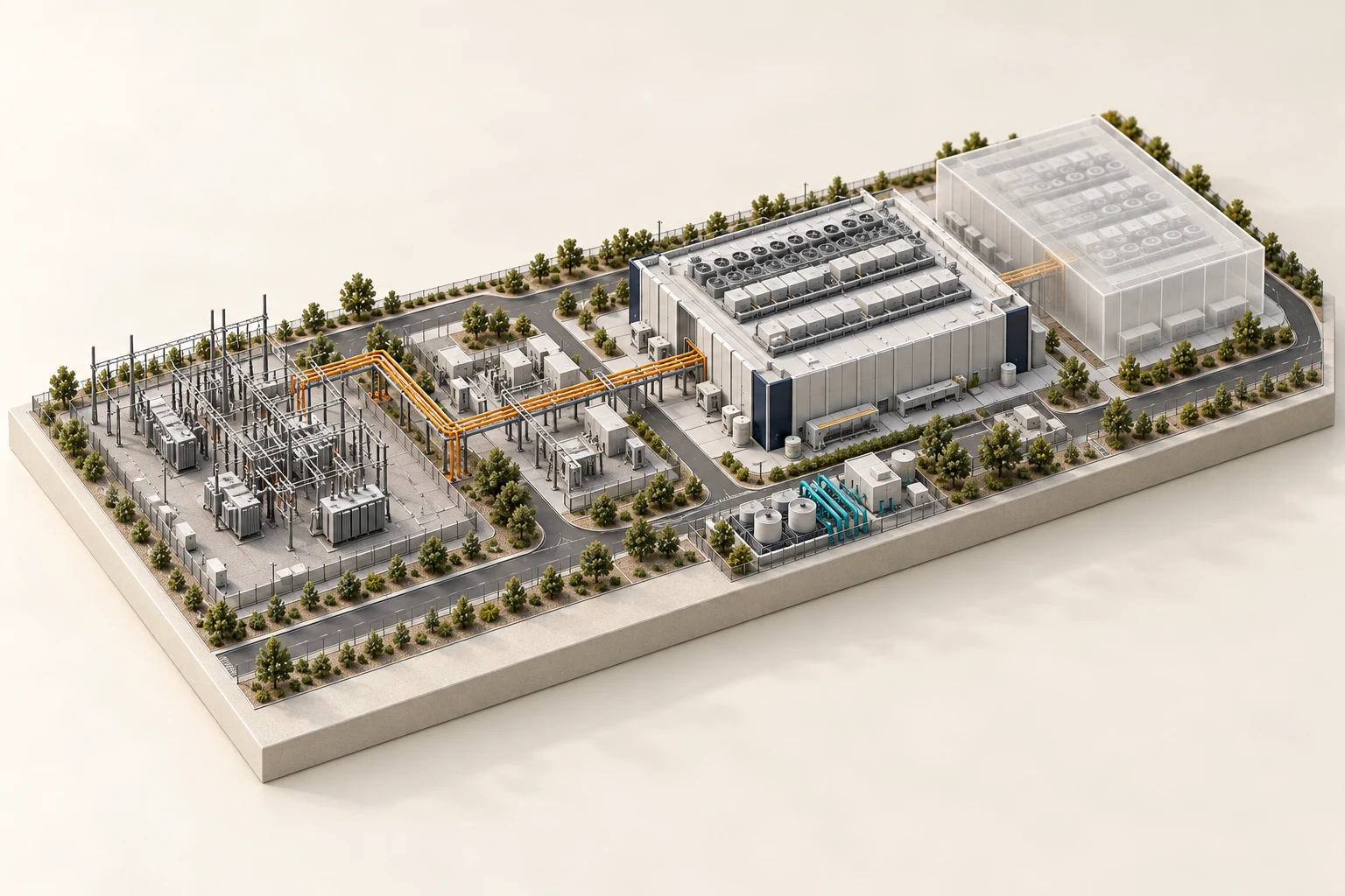 Conceptual phased power-delivery model linking utility infrastructure, switching equipment and datacenter expansion