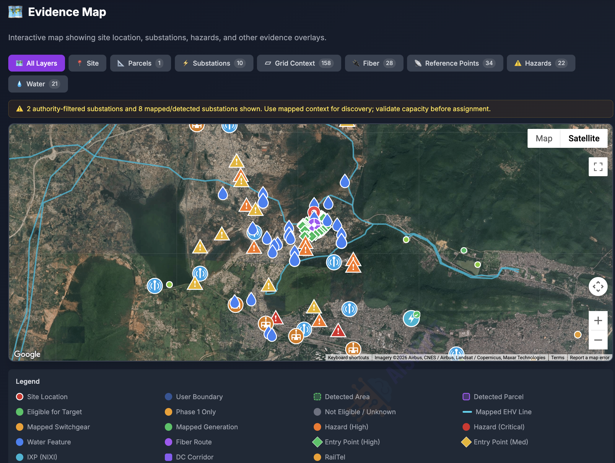AISIGINT Audit: Evidence Map across site, grid, water, hazard, and constraint layers, grounded in 1.4M India geospatial features