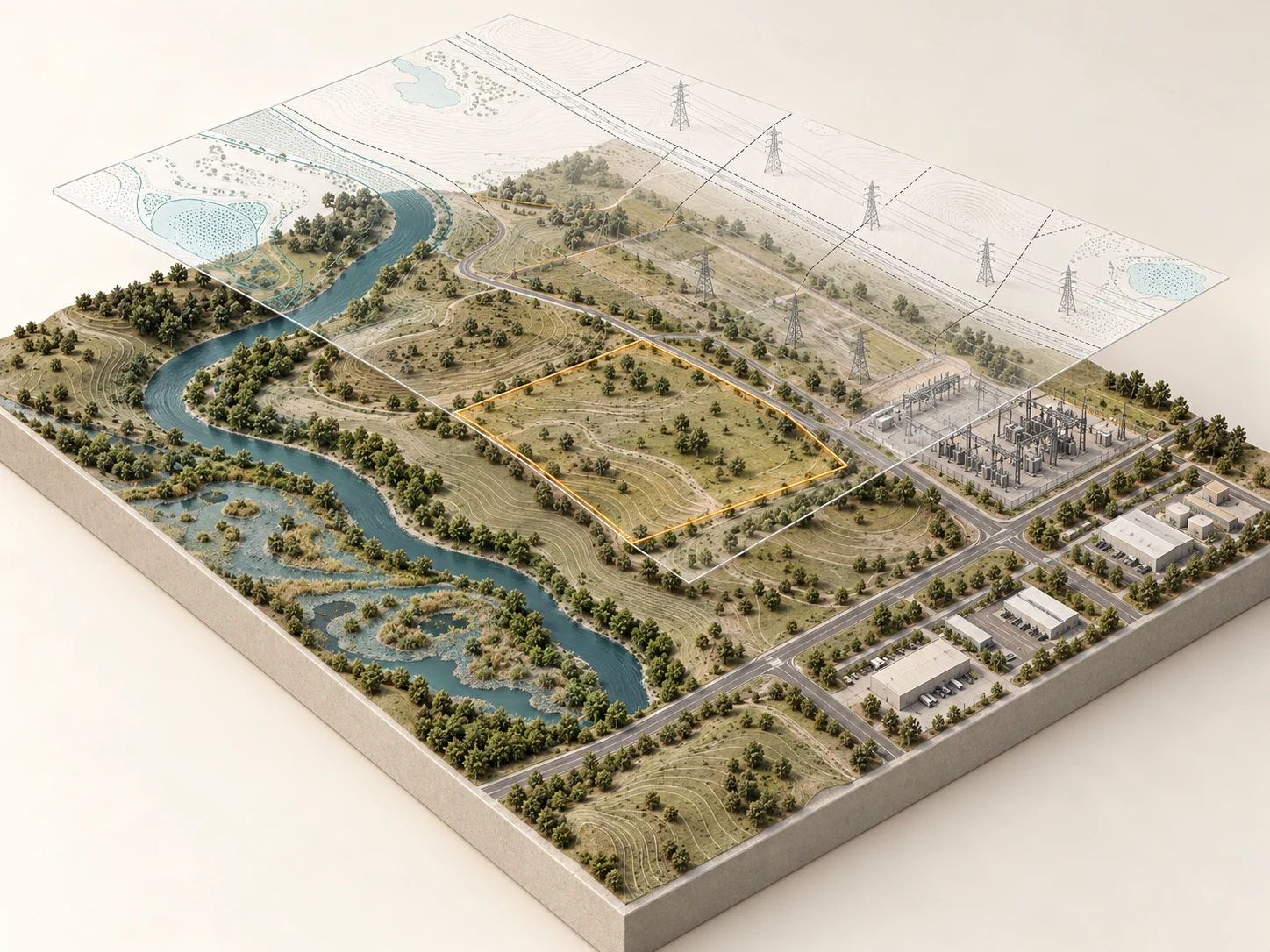 Conceptual terrain model showing a datacenter parcel within surrounding grid, water, access and land context