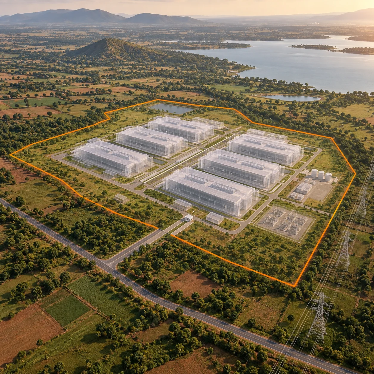 Conceptual aerial rendering of a proposed datacenter campus layout within a parcel boundary