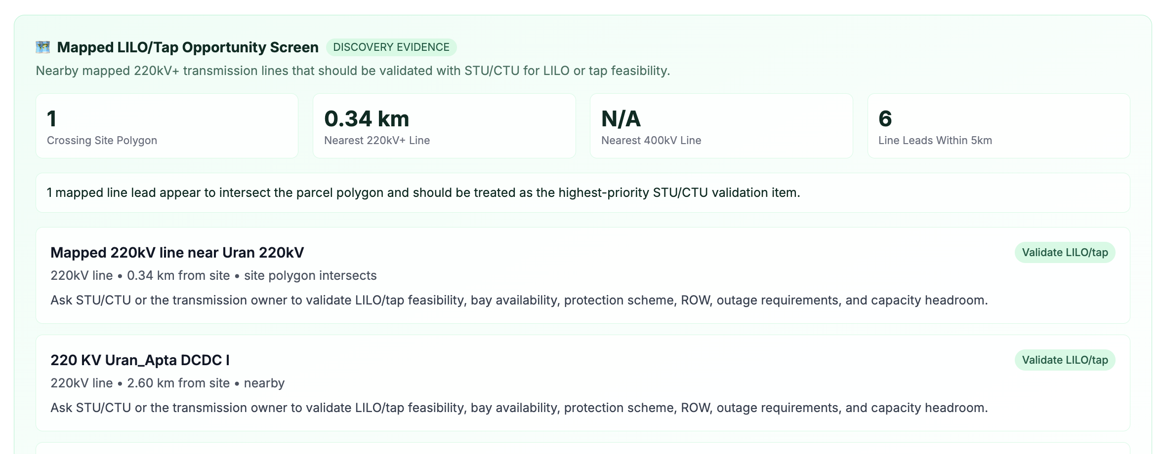AISIGINT Audit: Mapped LILO/Tap Opportunity Screen showing nearby 220kV+ transmission lines for STU/CTU validation