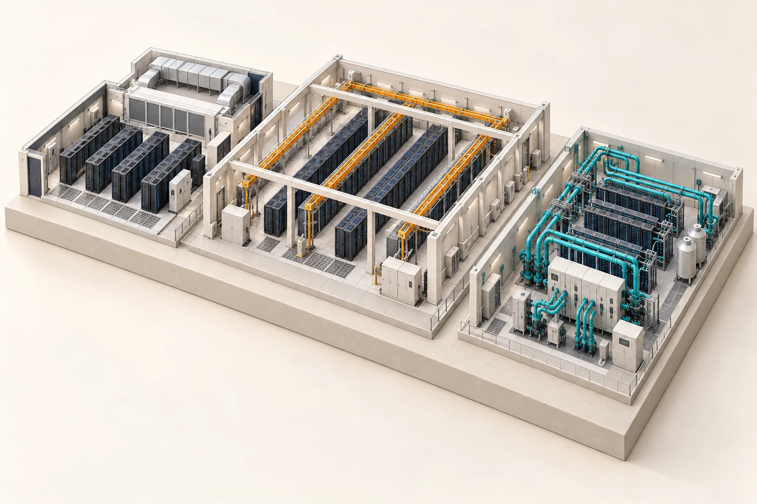 Conceptual comparison of enterprise, hyperscale and high-density AI infrastructure with different rack and cooling configurations